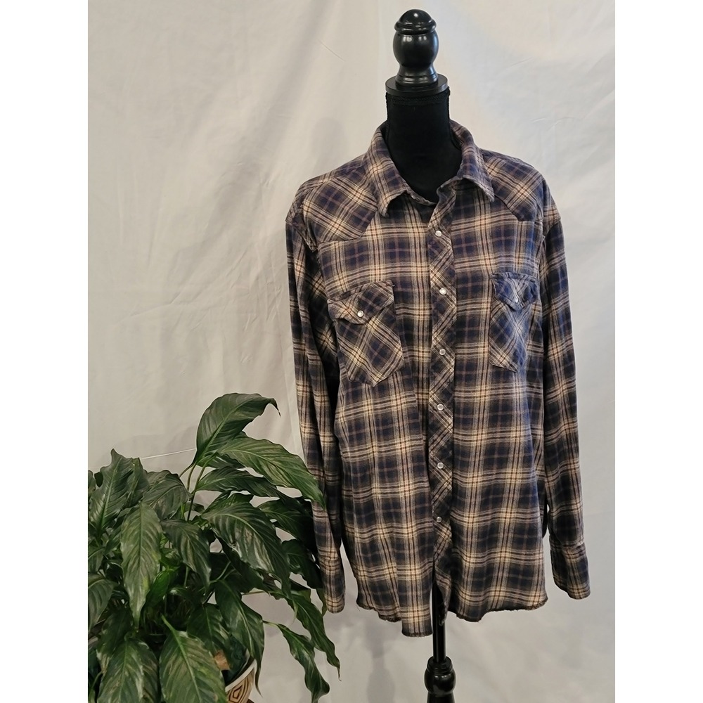 Wrangler Mens XXL Plaid‎ Western Snap Flannel Shirt Navy Brown Cotton
